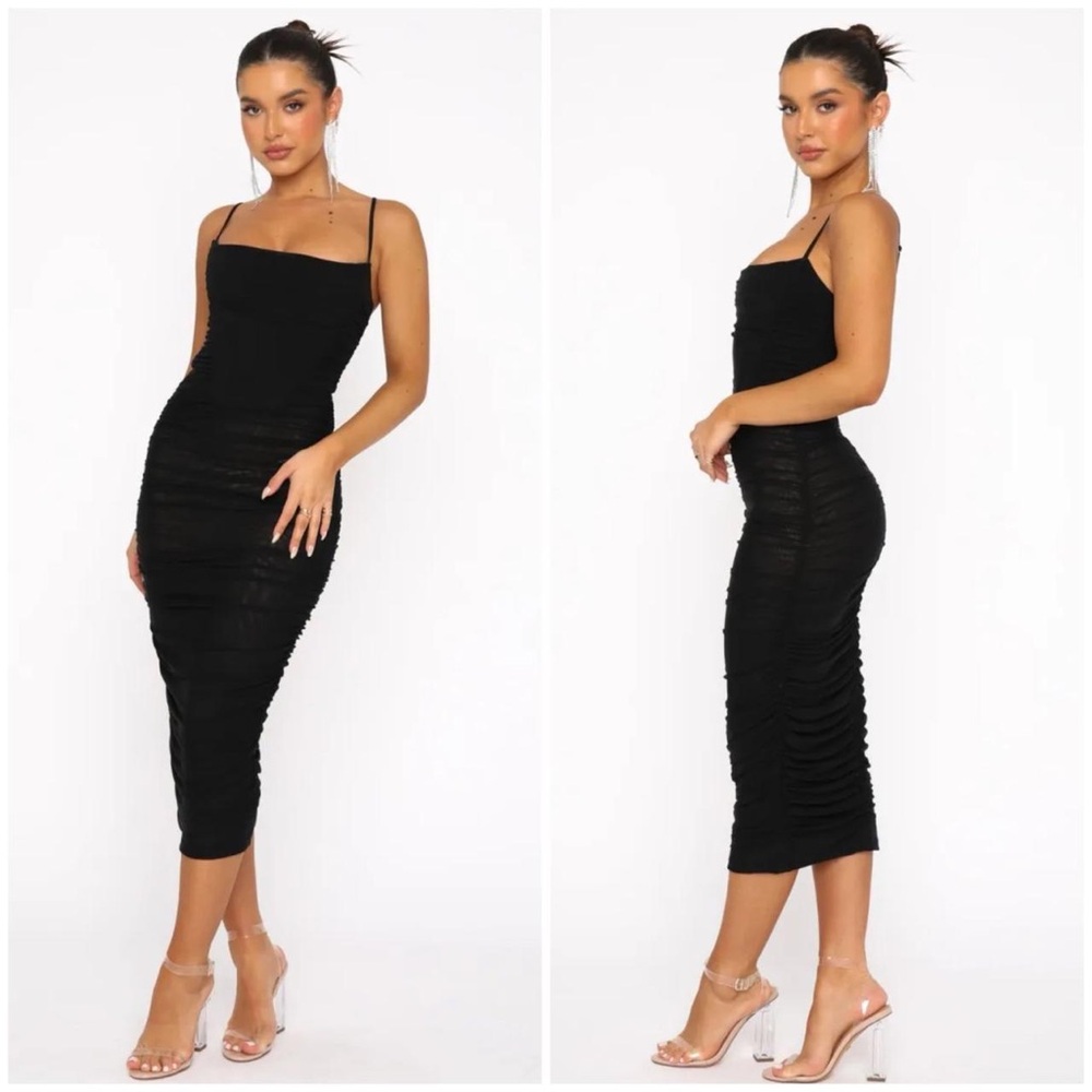 White Fox Boutique Black Ruched Midi Dress